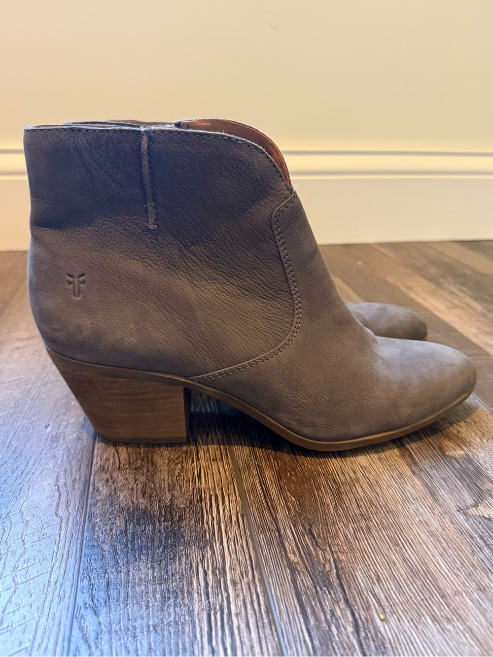 Frye Gray-Taupe Leather Ankle Booties with Stacked Heel